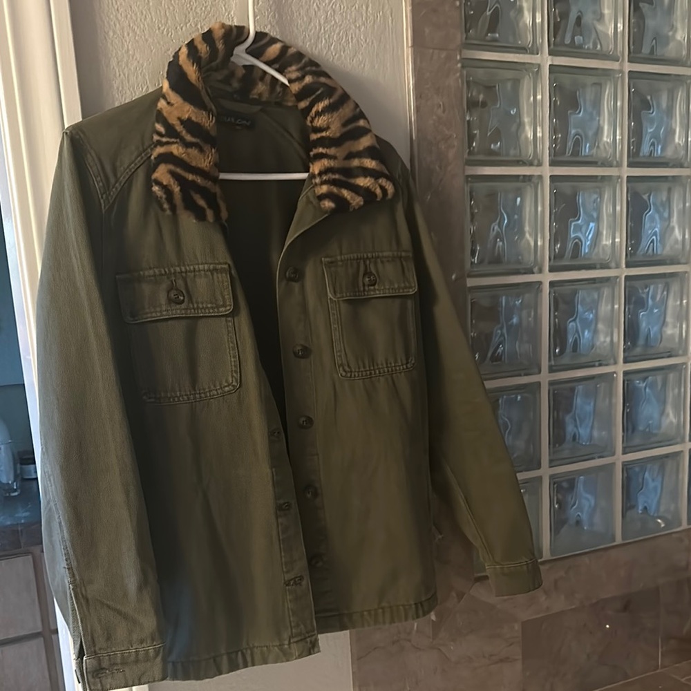Olive Green Jacket with Tiger Print Collar